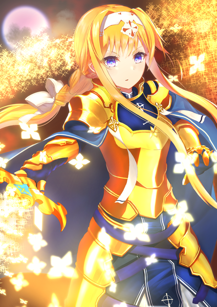 Anime picture 2894x4093 with sword art online a-1 pictures alice zuberg nokke o single long hair tall image looking at viewer fringe highres blonde hair standing purple eyes payot braid (braids) sparkle single braid knight girl weapon