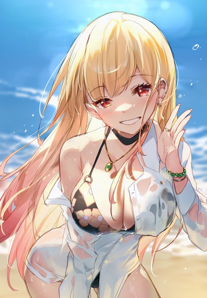 Anime picture 1000x1434 with sono bisque doll wa koi wo suru cloverworks kitagawa marin bison cangshu single long hair tall image looking at viewer blush fringe breasts light erotic smile large breasts standing cleavage outdoors blunt bangs long sleeves head tilt