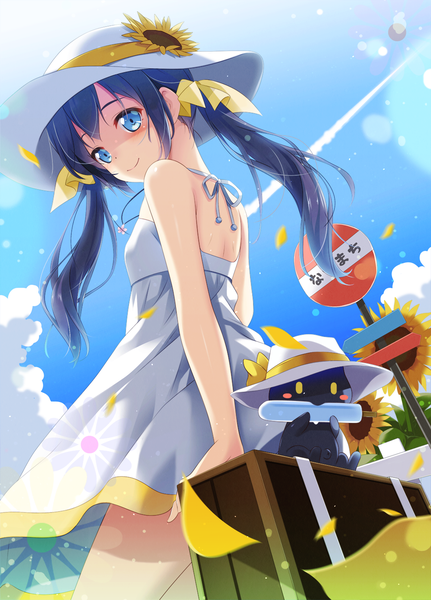 Anime picture 1004x1397 with original uzuki hiro single long hair tall image looking at viewer blush fringe blue eyes black hair smile standing twintails bare shoulders sky cloud (clouds) outdoors looking back from behind arm support