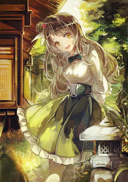 Anime picture 704x1000 with love live! school idol project sunrise (studio) love live! minami kotori vima single long hair tall image looking at viewer open mouth brown hair brown eyes ponytail side ponytail hands behind back girl skirt hair ornament plant (plants) shirt