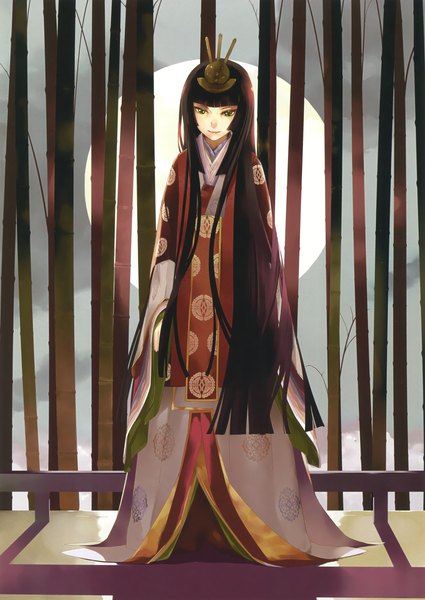 Anime picture 2123x3000 with original eshi 100-nin ten okazaki takeshi single tall image looking at viewer fringe highres black hair standing green eyes blunt bangs very long hair traditional clothes japanese clothes scan girl plant (plants) headdress kimono