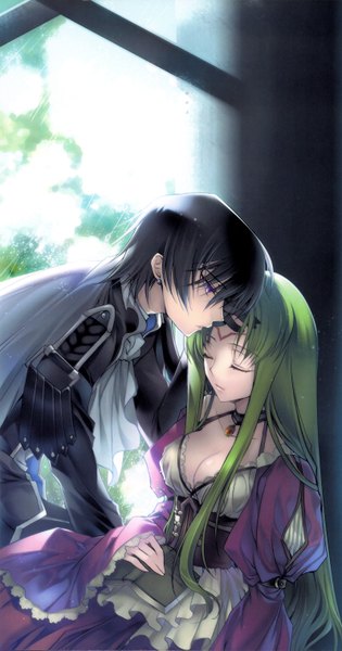 Anime picture 3192x6066 with code geass sunrise (studio) c.c. lelouch lamperouge creayus long hair tall image highres short hair black hair purple eyes absurdres eyes closed very long hair profile green hair sunlight tattoo couple sleeping