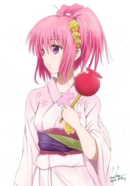 Anime picture 1000x1423 with toloveru xebec momo velia deviluke kem kem single tall image looking at viewer short hair simple background white background purple eyes pink hair traditional clothes japanese clothes girl food kimono obi fruit candy apple