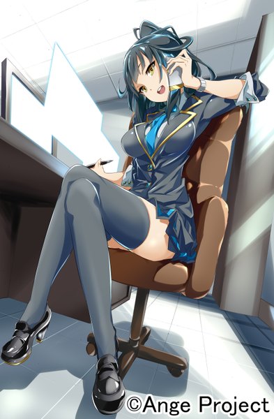 Anime picture 992x1512 with ange vierge kei toru single long hair tall image open mouth black hair sitting brown eyes head tilt crossed legs speaking girl thighhighs black thighhighs mobile phone