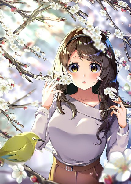 Anime picture 732x1024 with original airmisuzu single long hair tall image looking at viewer blush fringe breasts open mouth brown hair standing yellow eyes upper body outdoors long sleeves sunlight blurry arms up :o
