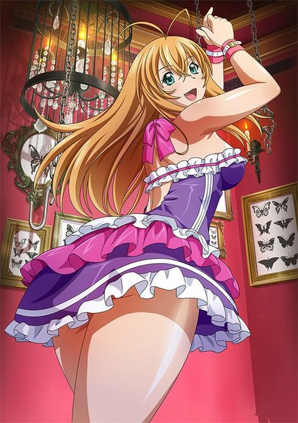 Anime picture 600x848 with ikkitousen sonsaku hakufu single long hair tall image looking at viewer breasts open mouth blue eyes light erotic blonde hair girl dress frills chain