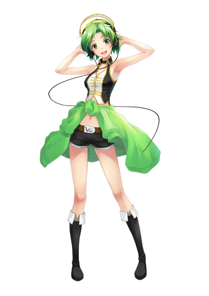 Anime picture 707x1000 with original ame no uta (aria-rain) single tall image blush short hair open mouth simple background smile white background green eyes green hair armpit (armpits) girl navel shorts headphones short shorts thigh boots