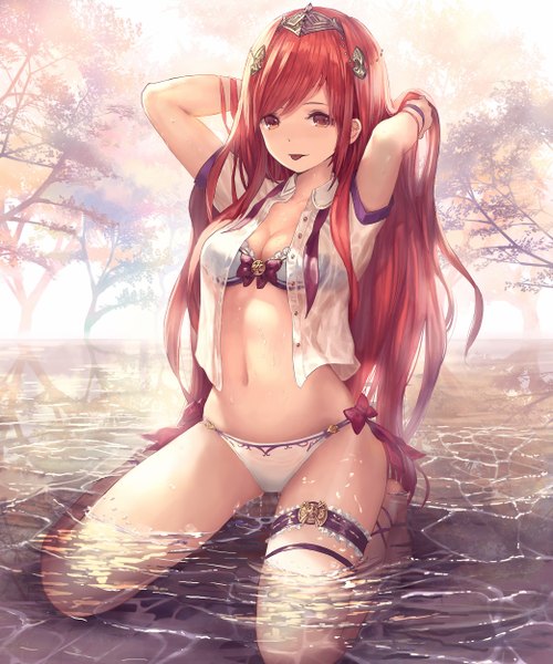 Anime picture 2084x2500 with shingeki no bahamut henriette (shingeki no bahamut) tachikawa mushimaro (bimo) single long hair tall image highres breasts light erotic red eyes red hair girl navel hair ornament underwear panties water lingerie bra