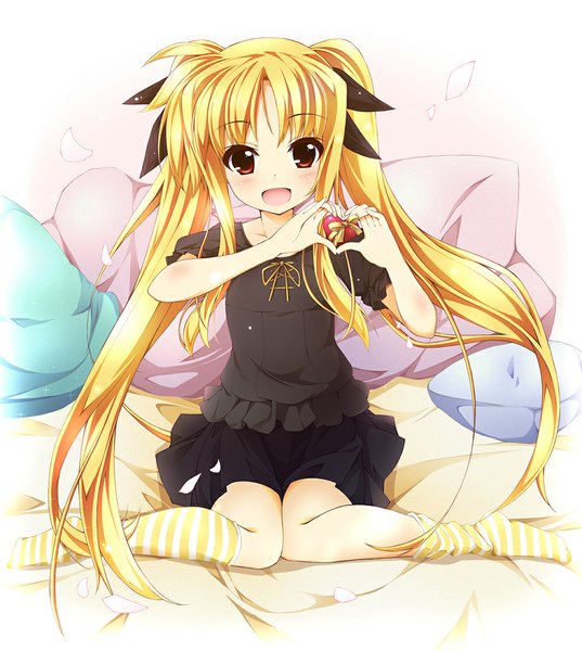 Anime picture 1000x1117 with mahou shoujo lyrical nanoha fate testarossa kanzaki sora single tall image looking at viewer blush open mouth blonde hair red eyes twintails very long hair loli valentine heart hands girl dress petals socks pillow