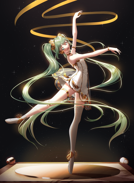 Anime picture 3912x5328 with vocaloid miku symphony (vocaloid) hatsune miku gramophone miku rufe 0v0 single tall image looking at viewer fringe highres open mouth smile hair between eyes twintails green eyes absurdres full body very long hair :d green hair