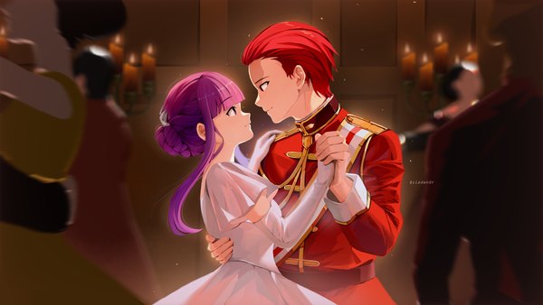 Anime picture 1920x1080 with sousou no frieren fern (sousou no frieren) stark (sousou no frieren) risdandr long hair fringe highres short hair red eyes wide image purple eyes payot purple hair red hair blunt bangs profile hair bun (hair buns) face to face eye contact dancing