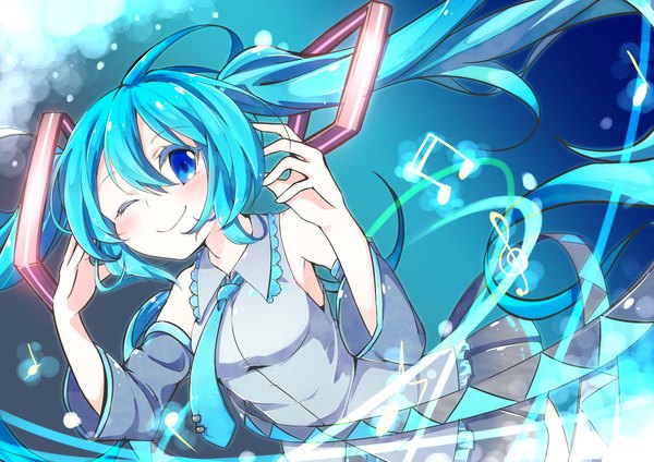 Anime picture 4093x2894 with vocaloid hatsune miku raika25251213 single long hair looking at viewer blush fringe highres blue eyes smile hair between eyes twintails bare shoulders payot absurdres ahoge pleated skirt one eye closed wink