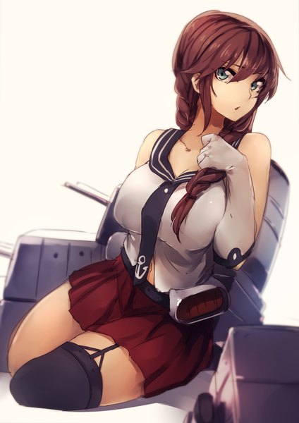 Anime picture 1400x1980 with kantai collection noshiro light cruiser kyouya (mukuro238) single long hair tall image looking at viewer fringe breasts open mouth blue eyes light erotic brown hair large breasts sitting bare shoulders braid (braids) pleated skirt twin braids kneeling