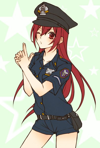 Anime picture 540x800 with free! kyoto animation matsuoka gou rio (rio 01) single long hair tall image looking at viewer blush red eyes red hair one eye closed wink blue background girl uniform peaked cap fanny pack police uniform