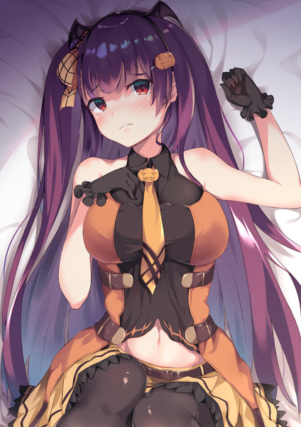 Anime picture 1158x1637 with girls frontline wa2000 (girls frontline) bushinofuji single long hair tall image looking at viewer blush fringe breasts light erotic red eyes large breasts bare shoulders purple hair lying on back sleeveless one side up halloween