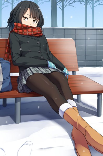 Anime picture 804x1220 with original pinkwaters single tall image looking at viewer fringe short hair black hair sitting brown eyes pleated skirt plaid skirt snowing winter snow covered mouth bare tree footprints girl skirt
