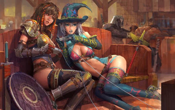 Anime picture 1269x800 with molybdenumgp03 breasts light erotic zettai ryouiki witch playing games girls playing games orc thighhighs witch hat shield wand