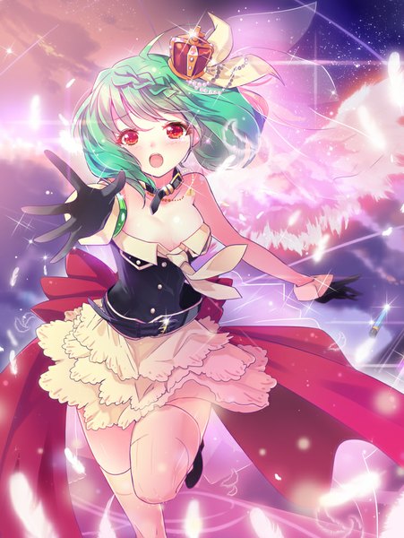 Anime picture 740x983 with macross macross frontier macross frontier: sayonara no tsubasa ranka lee deeple single tall image looking at viewer blush fringe short hair open mouth red eyes standing bare shoulders cloud (clouds) ahoge bent knee (knees) braid (braids) green hair