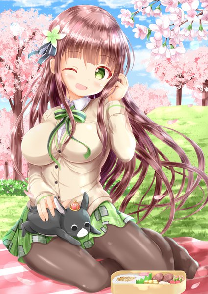 Anime picture 1000x1412 with gochuumon wa usagi desu ka? white fox ujimatsu chiya anko (gochiusa) zenon (for achieve) single long hair tall image looking at viewer blush fringe breasts open mouth smile brown hair large breasts sitting green eyes payot sky