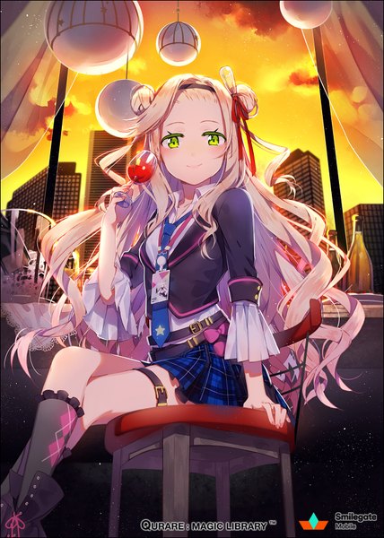 Anime picture 640x896 with qurare: magic library edison (qurare) hakusai (tiahszld) single long hair tall image looking at viewer blush blonde hair sitting green eyes crossed legs girl skirt miniskirt socks necktie hairband wine glass