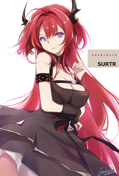 Anime-Bild 1378x2039 mit arknights surtr (arknights) sono kichi single tall image looking at viewer breasts light erotic simple background large breasts white background purple eyes cleavage red hair very long hair horn (horns) copyright name character names slit pupils girl