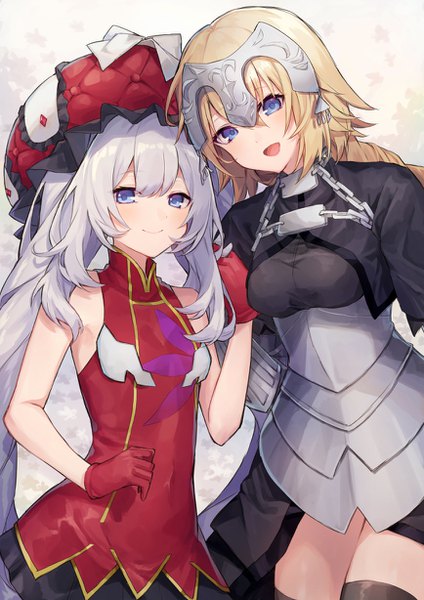 Anime picture 868x1228 with fate (series) fate/grand order jeanne d'arc (fate) (all) jeanne d'arc (fate) marie antoinette (fate/grand order) coyucom long hair tall image looking at viewer fringe open mouth blue eyes blonde hair smile hair between eyes twintails multiple girls silver hair girl thighhighs