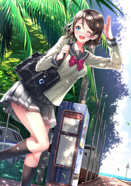 Anime picture 1102x1560 with love live! sunshine!! sunrise (studio) love live! watanabe you swordsouls single tall image blush fringe short hair open mouth blue eyes black hair hair between eyes standing looking away sky cloud (clouds) bent knee (knees) outdoors