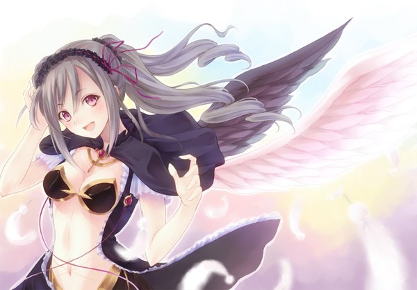 Anime picture 1433x1000 with idolmaster idolmaster cinderella girls kanzaki ranko single long hair looking at viewer blush breasts open mouth red eyes twintails grey hair midriff drill hair girl navel wings