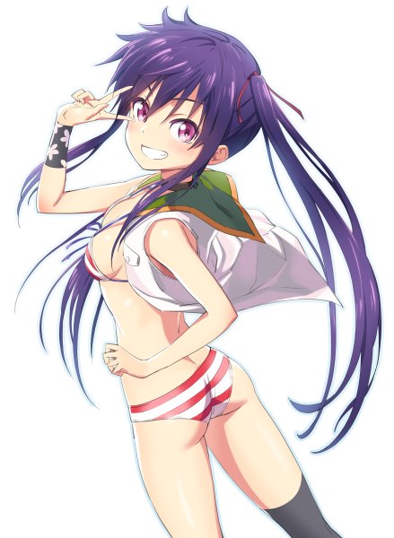 Anime picture 878x1200 with gakkou gurashi! ebisuzawa kurumi michairu single long hair tall image blush fringe light erotic simple background smile hair between eyes white background purple eyes twintails purple hair from above open clothes victory girl