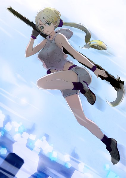 Anime picture 2480x3508 with original okuto single long hair tall image looking at viewer fringe highres breasts open mouth blonde hair bare shoulders holding green eyes full body outdoors arm up low ponytail jumping girl