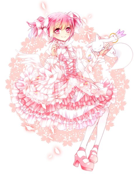 Anime picture 1000x1307 with mahou shoujo madoka magica shaft (studio) kaname madoka kyuubee ayumaru (art of life) single tall image looking at viewer short hair smile white background sitting twintails pink hair full body pink eyes short twintails lolita fashion sweet lolita girl