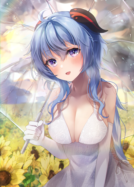 Anime picture 2798x3896 with genshin impact ganyu (genshin impact) fuyoyo single long hair tall image looking at viewer blush fringe highres breasts open mouth light erotic hair between eyes large breasts purple eyes blue hair cleavage ahoge :d