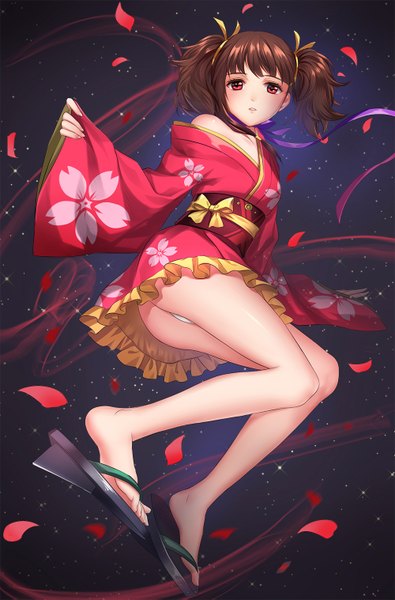 Anime picture 1000x1517 with koutetsujou no kabaneri wit studio mumei (kabaneri) moyu single tall image looking at viewer blush short hair light erotic red eyes brown hair twintails traditional clothes japanese clothes pantyshot short twintails dark background girl underwear
