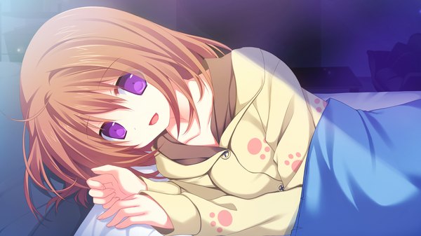 Anime picture 1280x720 with hikoukigumo no mukougawa hirosaki mina single looking at viewer short hair open mouth brown hair wide image purple eyes game cg girl pajamas