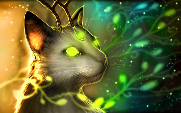 Anime picture 1920x1200 with romantically apocalyptic alexiuss highres simple background wide image green eyes yellow eyes horn (horns) sunlight glowing glowing eye (eyes) plant (plants) animal cat fireflies