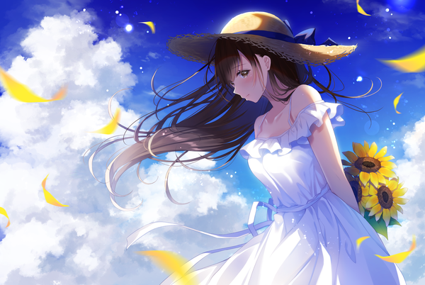 Anime picture 1490x1000 with original noda shuha single long hair looking at viewer blush fringe breasts smile hair between eyes brown hair standing bare shoulders brown eyes sky cloud (clouds) outdoors profile wind hands behind back