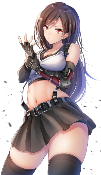 Anime picture 509x880 with final fantasy final fantasy vii final fantasy vii remake square enix tifa lockhart denpa (denpae29) single long hair tall image looking at viewer fringe breasts simple background smile hair between eyes red eyes brown hair standing white background bare shoulders