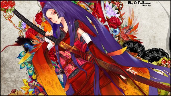 Anime picture 1920x1080 with original kaorihime redjuice snyp (r0pyns) single highres open mouth red eyes wide image purple hair very long hair nail polish japanese clothes abstract girl flower (flowers) ribbon (ribbons) weapon hair ribbon sword