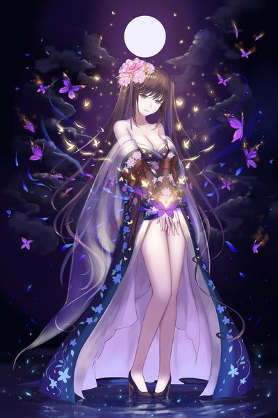 Anime-Bild 3000x4500 mit original rinmmo single long hair tall image looking at viewer blush fringe highres breasts light erotic hair between eyes brown hair standing purple eyes bare shoulders cleavage cloud (clouds) full body traditional clothes