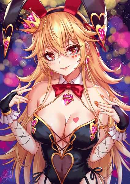 Anime picture 1500x2121 with original sakiyamama single long hair tall image looking at viewer blush fringe breasts light erotic blonde hair smile hair between eyes red eyes large breasts standing signed animal ears payot cleavage