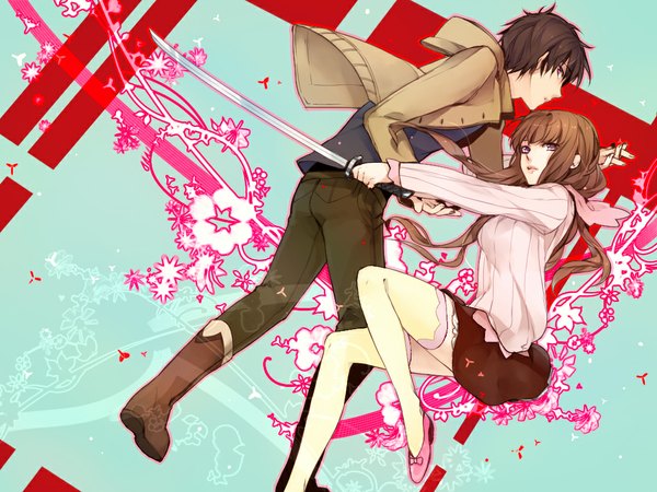 Anime picture 1024x768 with original matsunaka hiro long hair short hair brown hair purple eyes pink eyes looking back open clothes open jacket holding hands girl thighhighs boy weapon sword katana