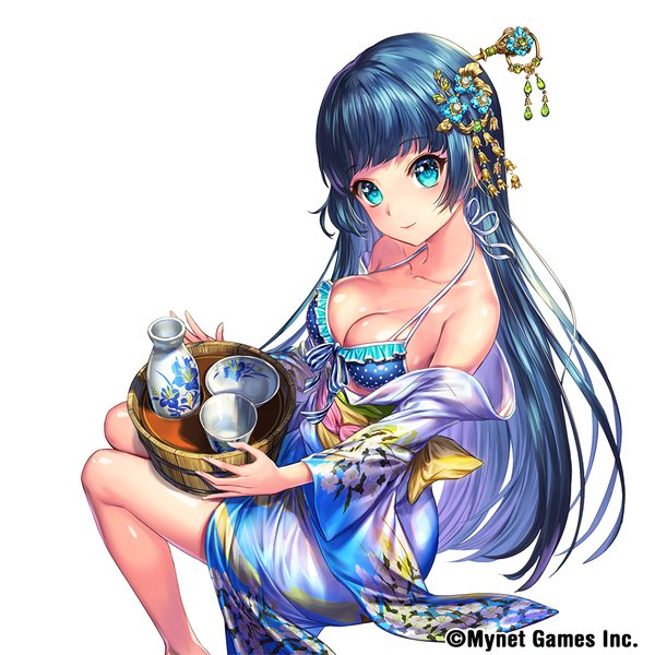 Anime picture 1000x1000 with sangoku infinity esphy single long hair looking at viewer blush fringe breasts light erotic simple background smile large breasts white background sitting bare shoulders holding blue hair cleavage blunt bangs traditional clothes