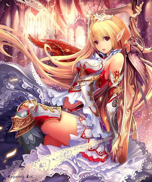 Anime picture 917x1100 with shingeki no bahamut tachikawa mushimaro (bimo) single long hair tall image blonde hair sitting bare shoulders brown eyes absurdres pointy ears girl dress weapon detached sleeves sword tiara