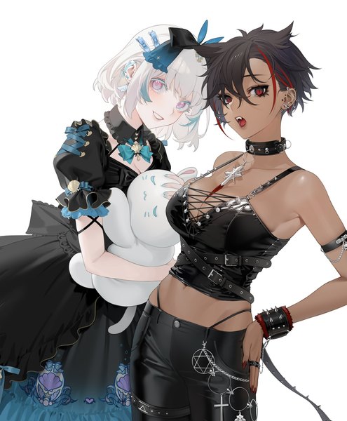 Anime picture 1690x2048 with original nacchan (ohisashiburi) micchan (ohisashiburi) ohisashiburi tall image looking at viewer fringe short hair breasts open mouth light erotic black hair simple background smile hair between eyes red eyes large breasts white background bare shoulders multiple girls