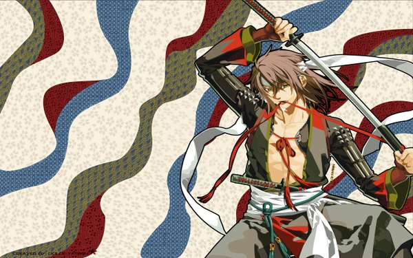 Anime picture 2560x1600 with hakuouki shinsengumi kitan studio deen tagme (character) sanosuke harada single long hair looking at viewer highres simple background brown hair wide image holding green eyes mouth hold ribbon in mouth boy ribbon (ribbons) weapon sword hairband
