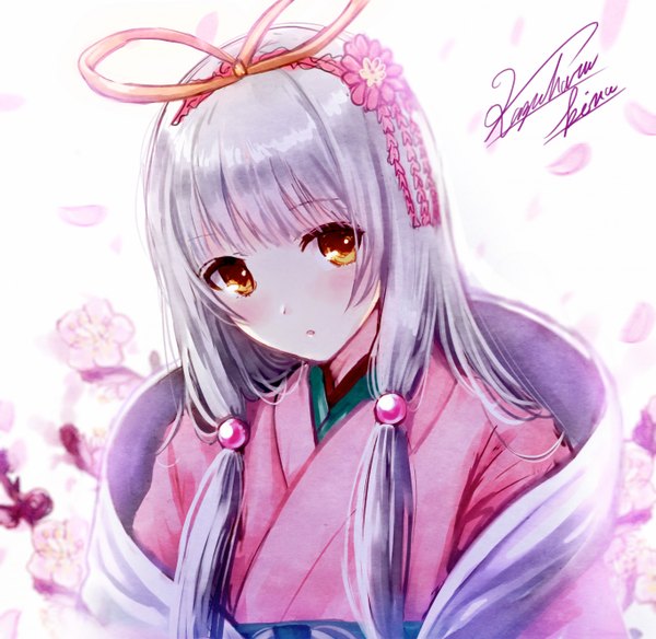 Anime picture 1364x1328 with original kazuharu kina single long hair blush fringe signed yellow eyes looking away silver hair traditional clothes japanese clothes blurry revision girl hair ornament flower (flowers) petals hair tie yukata