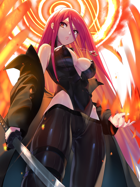 Anime picture 2400x3200 with shakugan no shana j.c. staff shana ohlia single long hair tall image fringe highres breasts light erotic hair between eyes large breasts standing holding parted lips multicolored hair off shoulder open jacket two-tone hair
