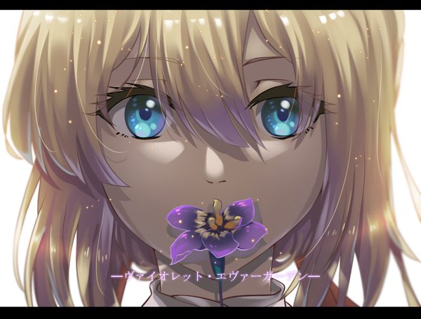 Anime picture 1100x835 with violet evergarden kyoto animation violet evergarden (character) 1043990293 single fringe short hair blue eyes blonde hair simple background hair between eyes copyright name letterboxed close-up face covered mouth girl flower (flowers)