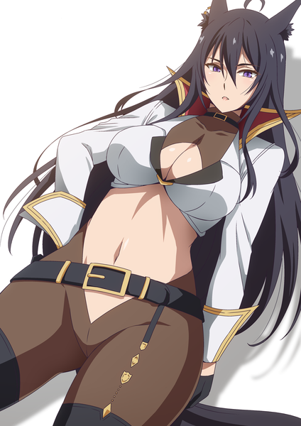 Anime picture 1654x2339 with shijou saikyou no daimaou murabito a ni tensei suru olivia vel vine hera (harayutaka) single long hair tall image looking at viewer fringe breasts open mouth light erotic black hair simple background hair between eyes large breasts standing white background purple eyes animal ears cleavage