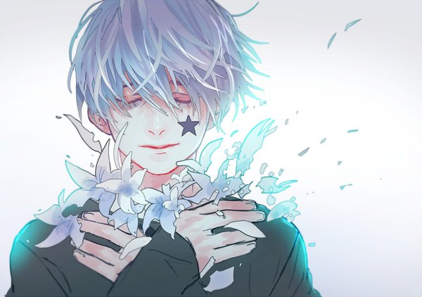 Anime picture 900x633 with original saito yukihiro single fringe short hair simple background hair between eyes white background silver hair upper body eyes closed wind facial mark hands clasped boy flower (flowers) star (symbol)